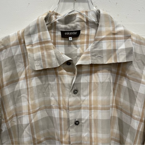 Eskandar Wide Fit Plaid Tan High Neck Button Down Shirt Size 0 - Picture 5 of 8